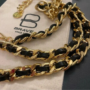 Brave Doone Black Pebbled Nappa Leather and Gold Chain Statement Belt Size 28